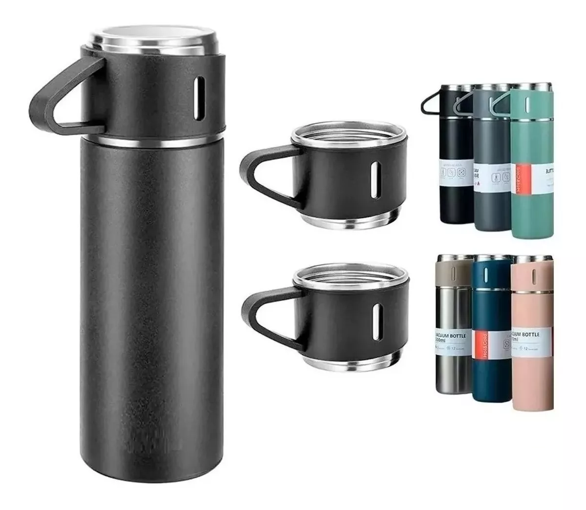 Set Termo Vaso Térmico Acero Inox 500Ml + 3 Tazas Negro - Imagen 2