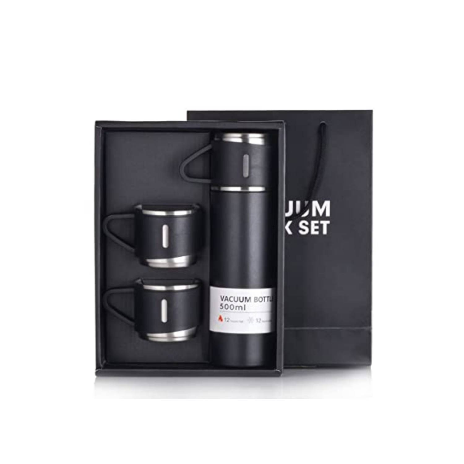 Set Termo Vaso Térmico Acero Inox 500Ml + 3 Tazas Negro