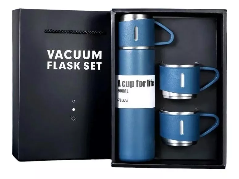 Set Termo Vaso Térmico Acero Inox 500Ml + 3 Tazas Azul