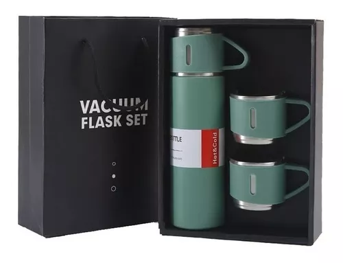 Set Termo Vaso Térmico Acero Inox 500Ml + 3 Tazas Verde