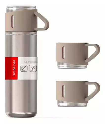 Set Termo Vaso Térmico Acero Inox 500Ml + 3 Tazas Beige