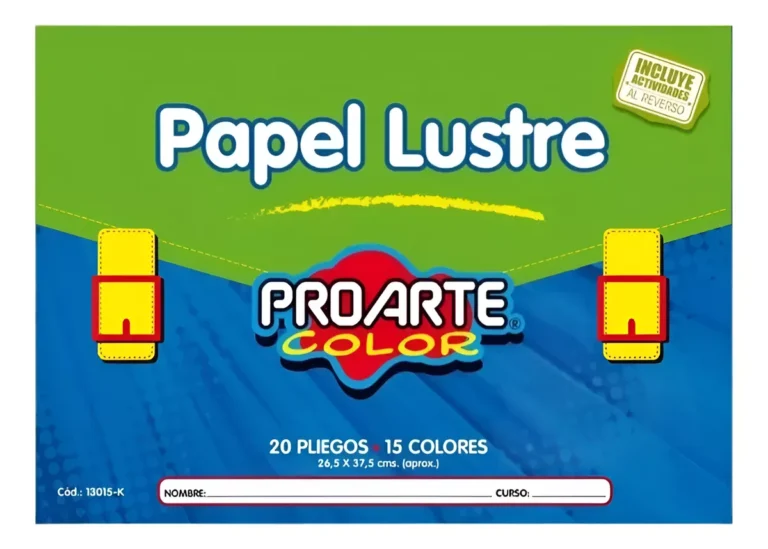 Estuche Papel Lustre 20 Hojas 15 Colores Surtidos 26,5x37,5 cm.